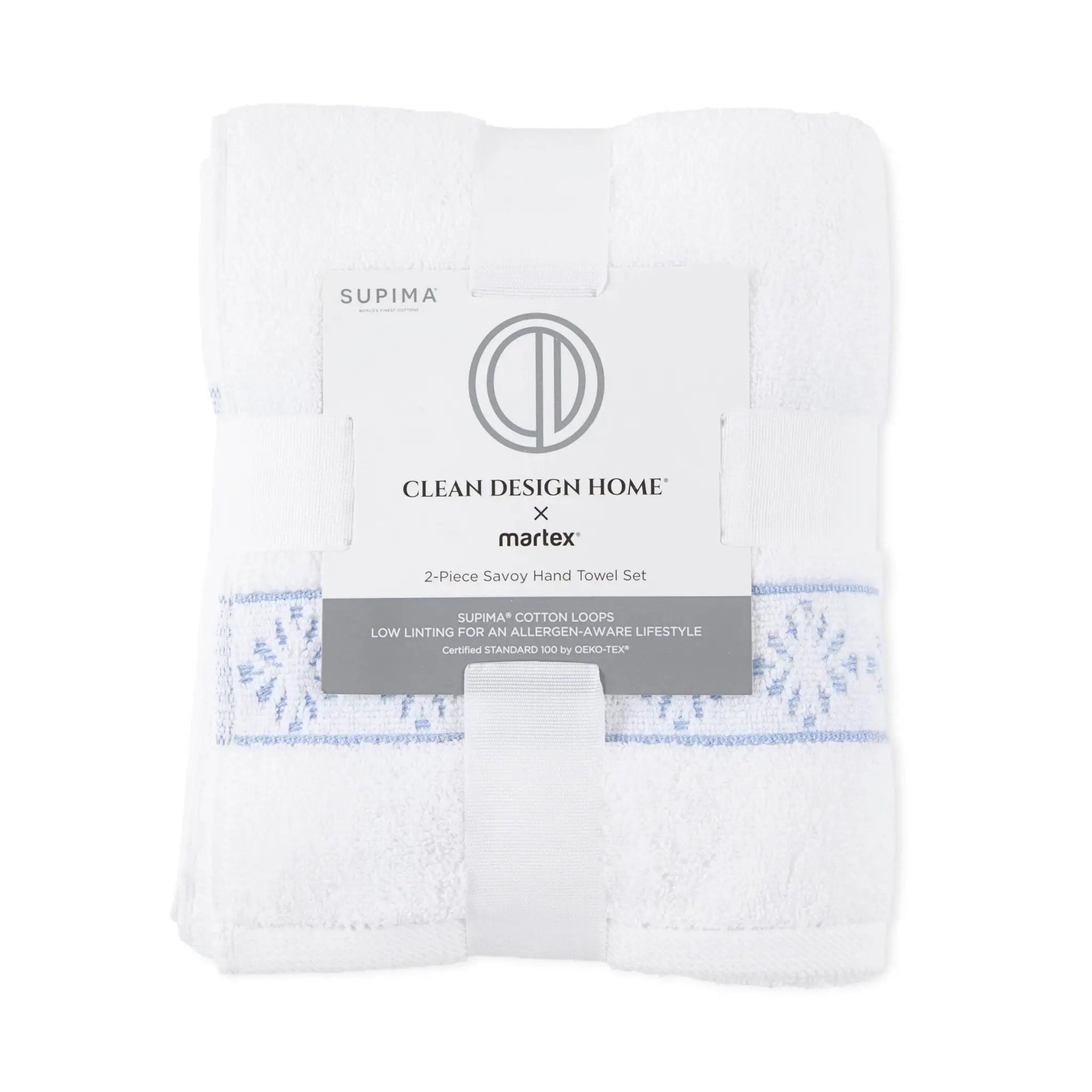 Packaged set of white hand towels with visible branding on a white background