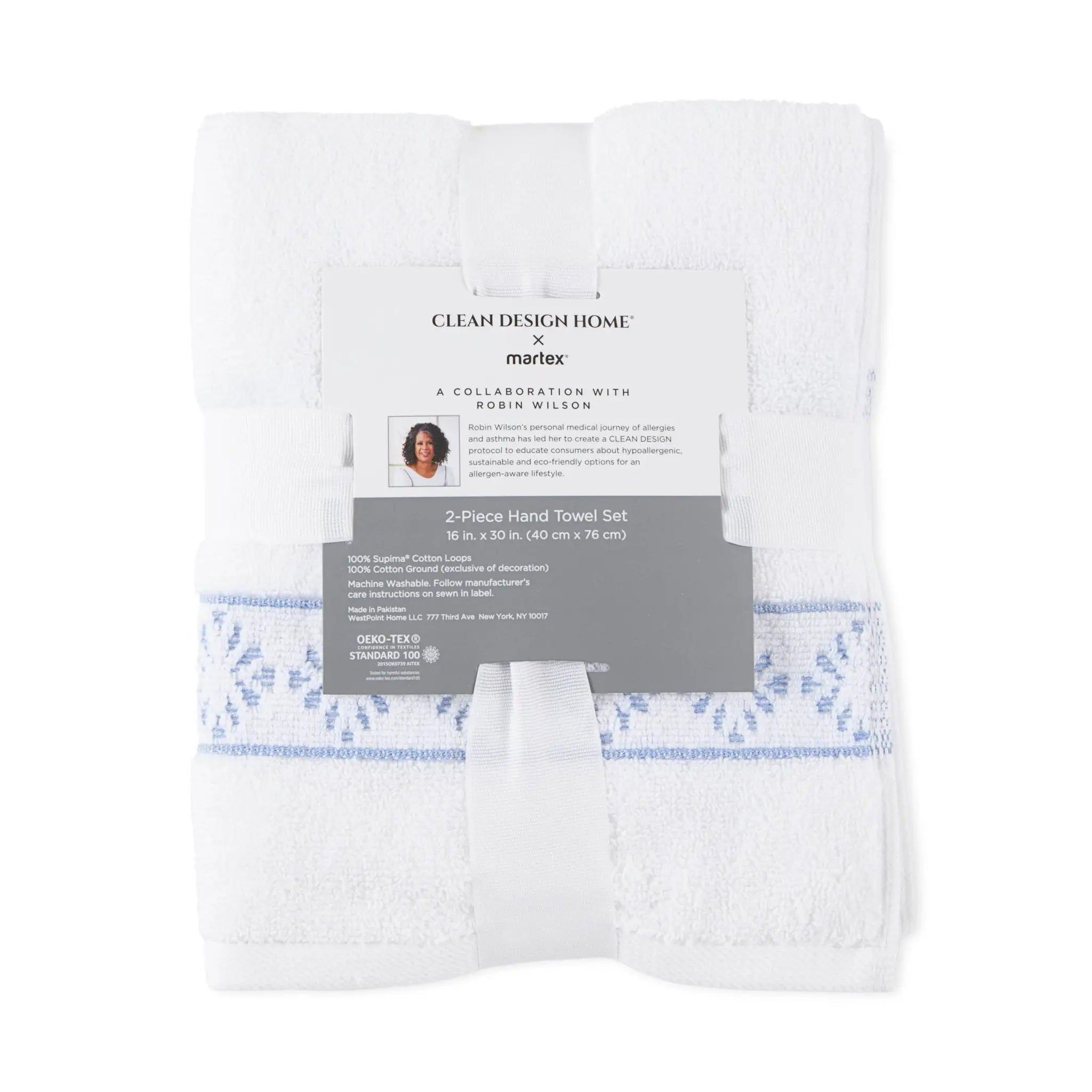 Packaged 2-piece hand towel set with Clean Design Home branding on a white background