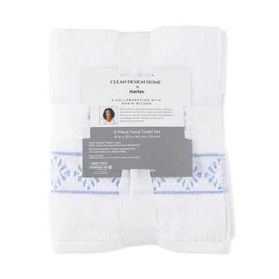 Packaged 2-piece hand towel set with Clean Design Home branding on a white background