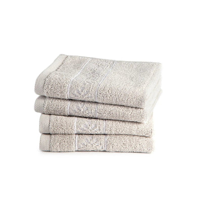 Stack of four grey folded washcloths on a white background