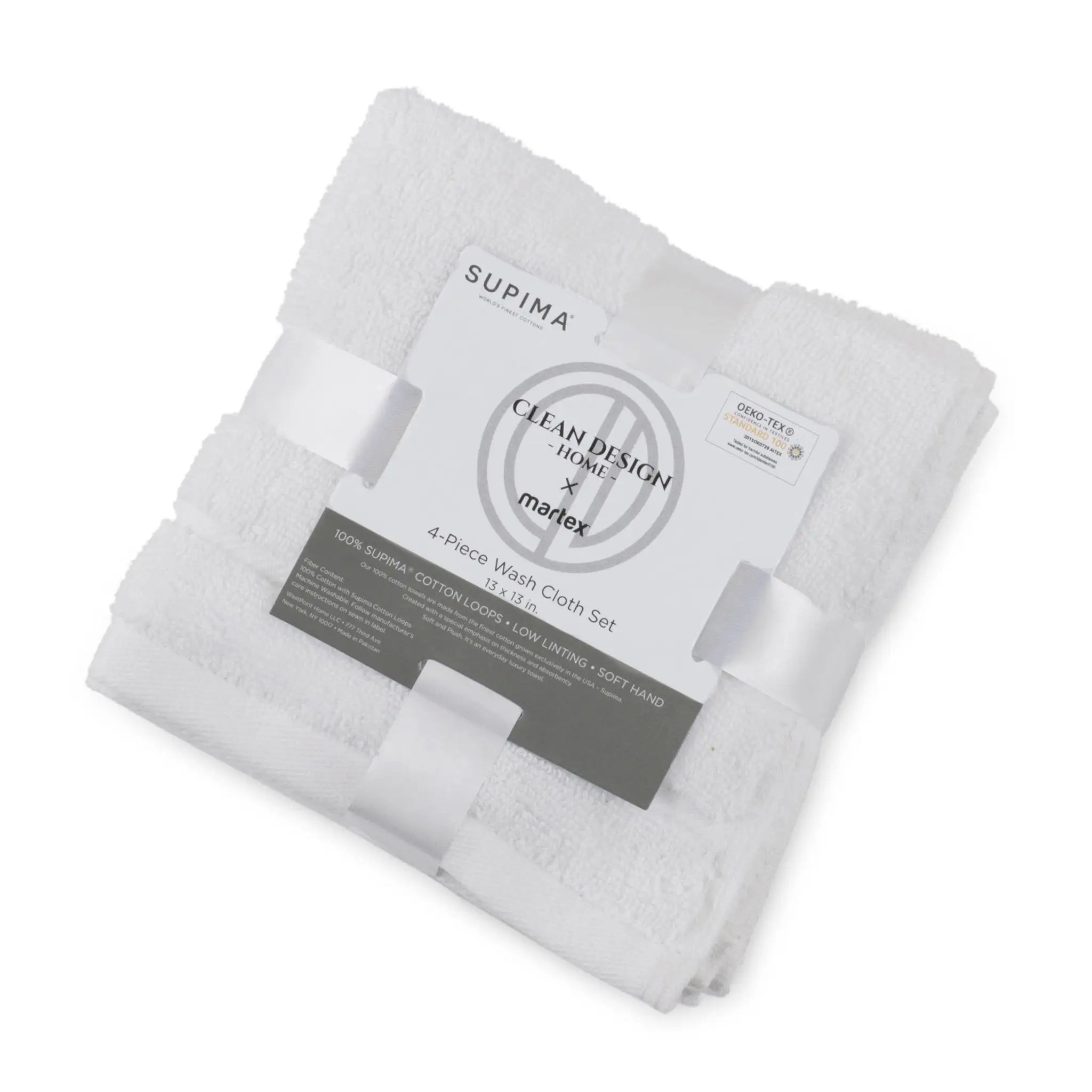 Packaged washcloth set with 'Supima' and 'Martex' branding on a white background