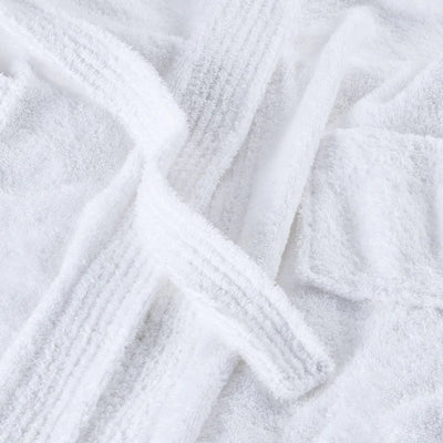 A close-up of a white terry cloth robe with ribbed trim and a matching tie belt, showing the soft textured fabric details.