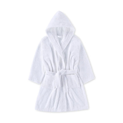 A white hooded bathrobe with a matching tie belt, shown flat against a plain white background.