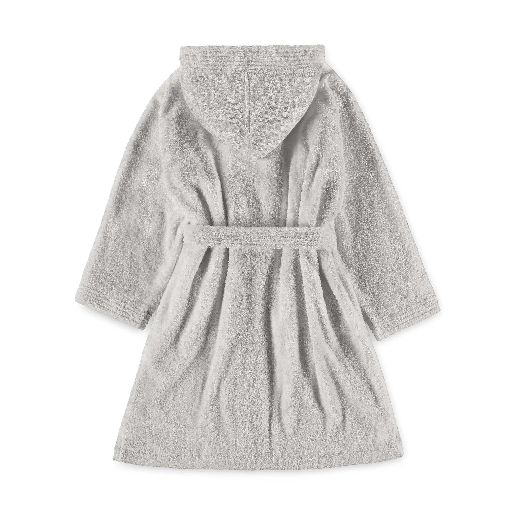 A gray hooded bathrobe with a matching waist belt, shown from the back on a plain white background.