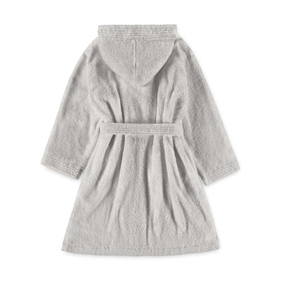 A gray hooded bathrobe with a matching waist belt, shown from the back on a plain white background.