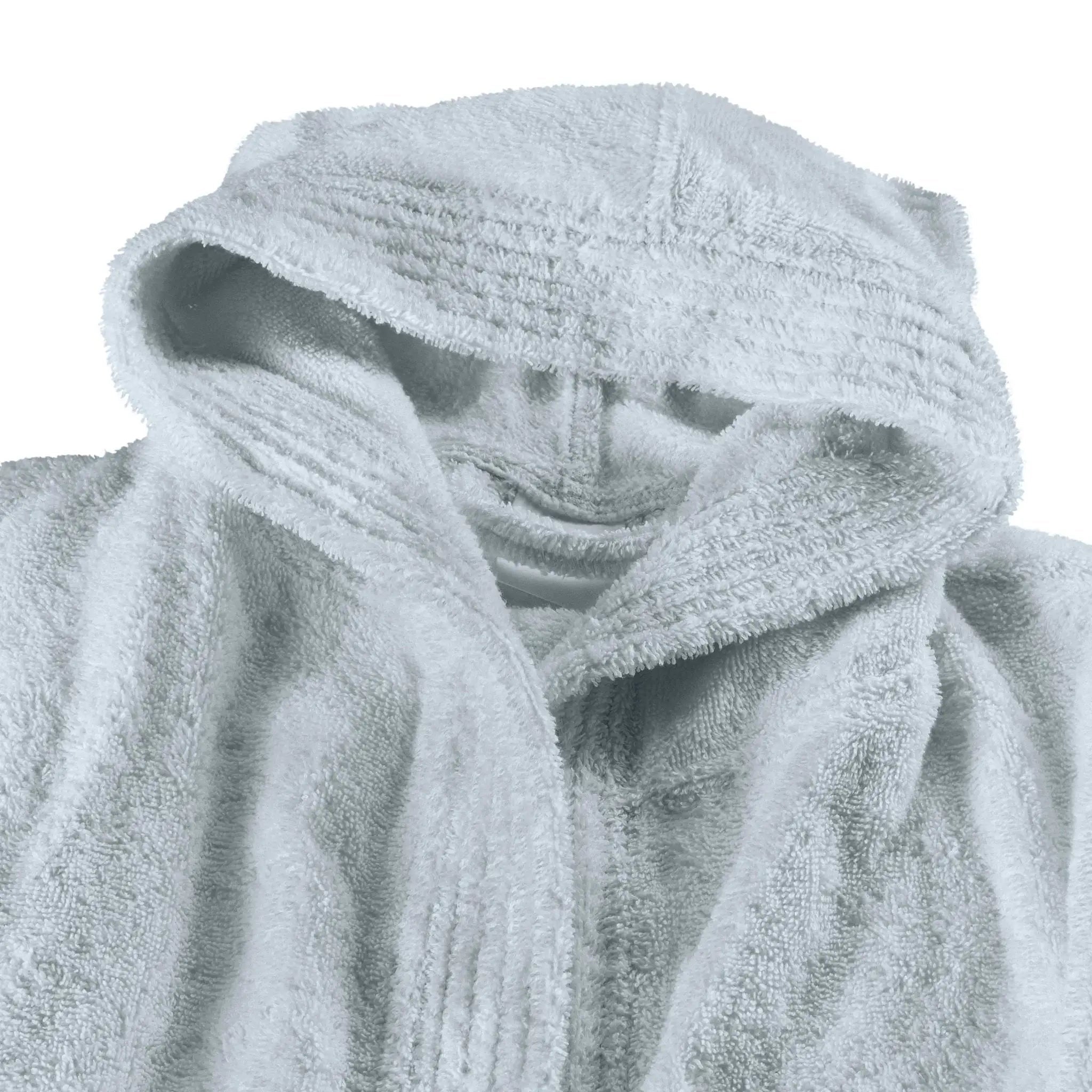A close-up of a blue hooded bathrobe made of soft, plush terry cloth, with the hood folded up against a plain white background.
