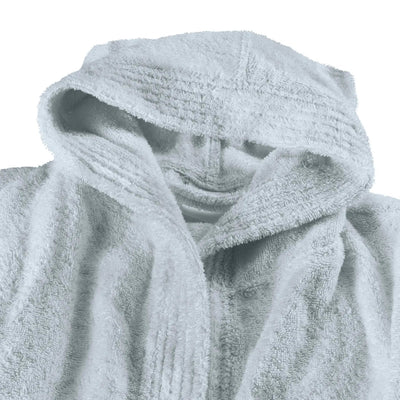 A close-up of a blue hooded bathrobe made of soft, plush terry cloth, with the hood folded up against a plain white background.