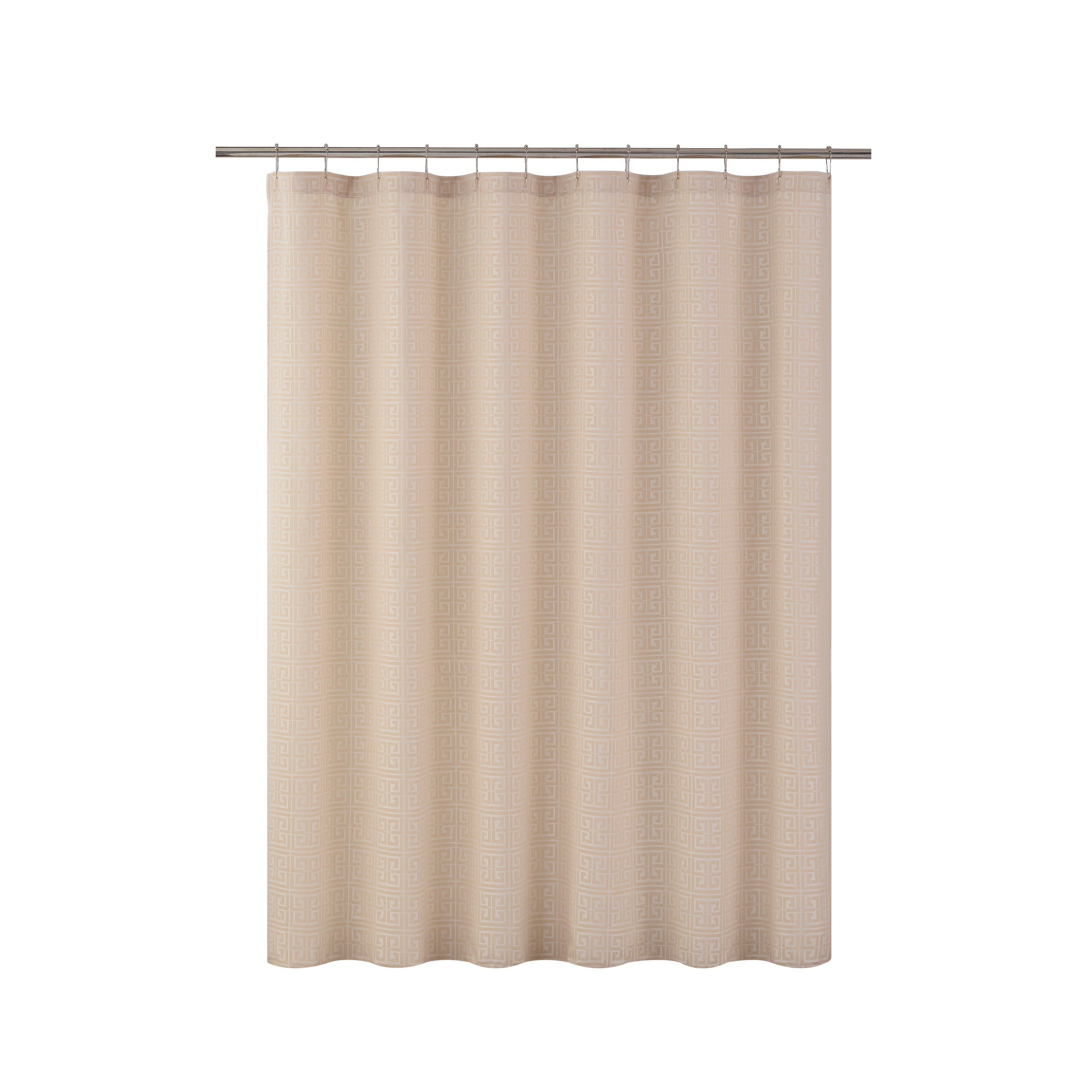 Beige shower curtain with a textured geometric pattern, measuring 72x72 inches.