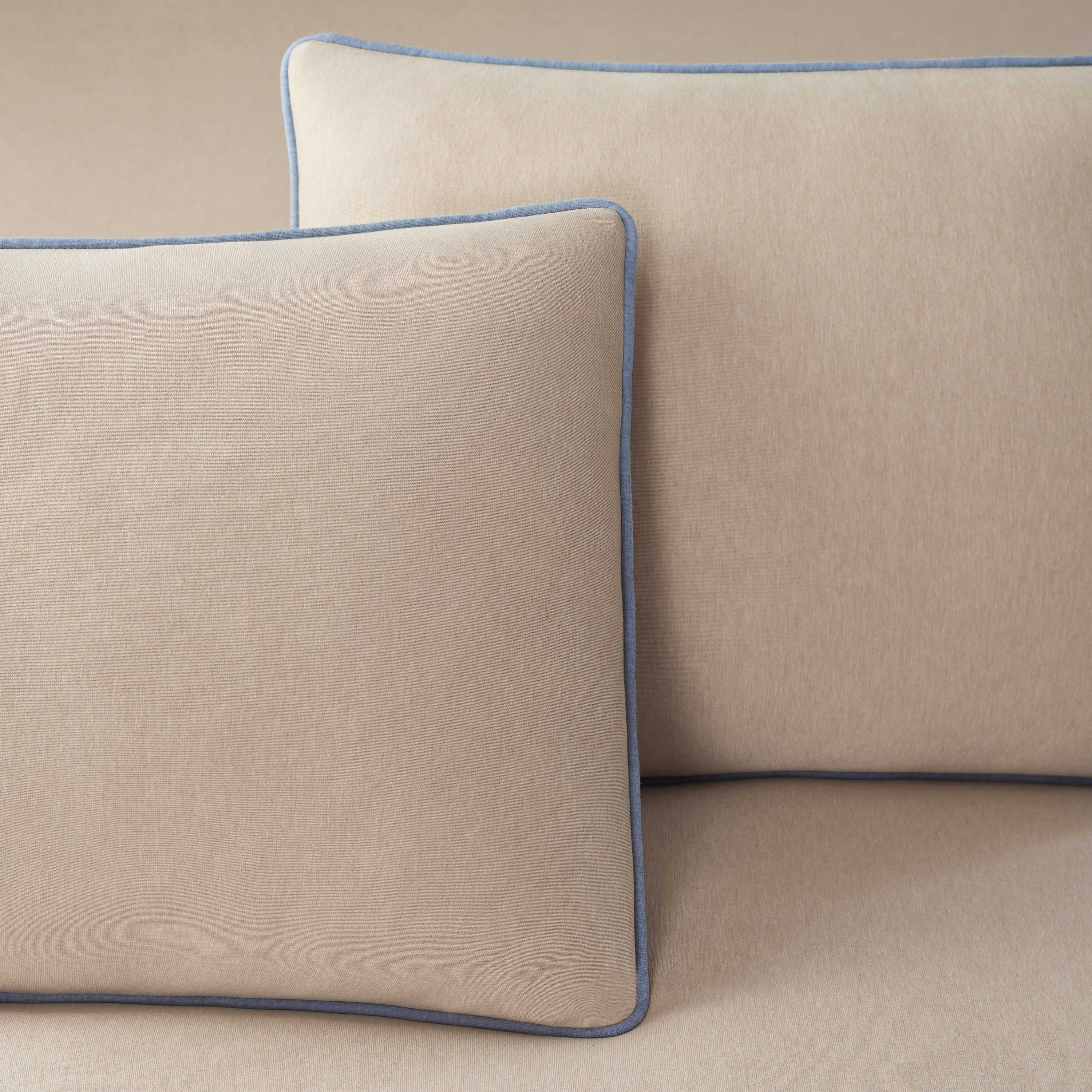 Two beige pillows with blue piping on a matching beige surface.