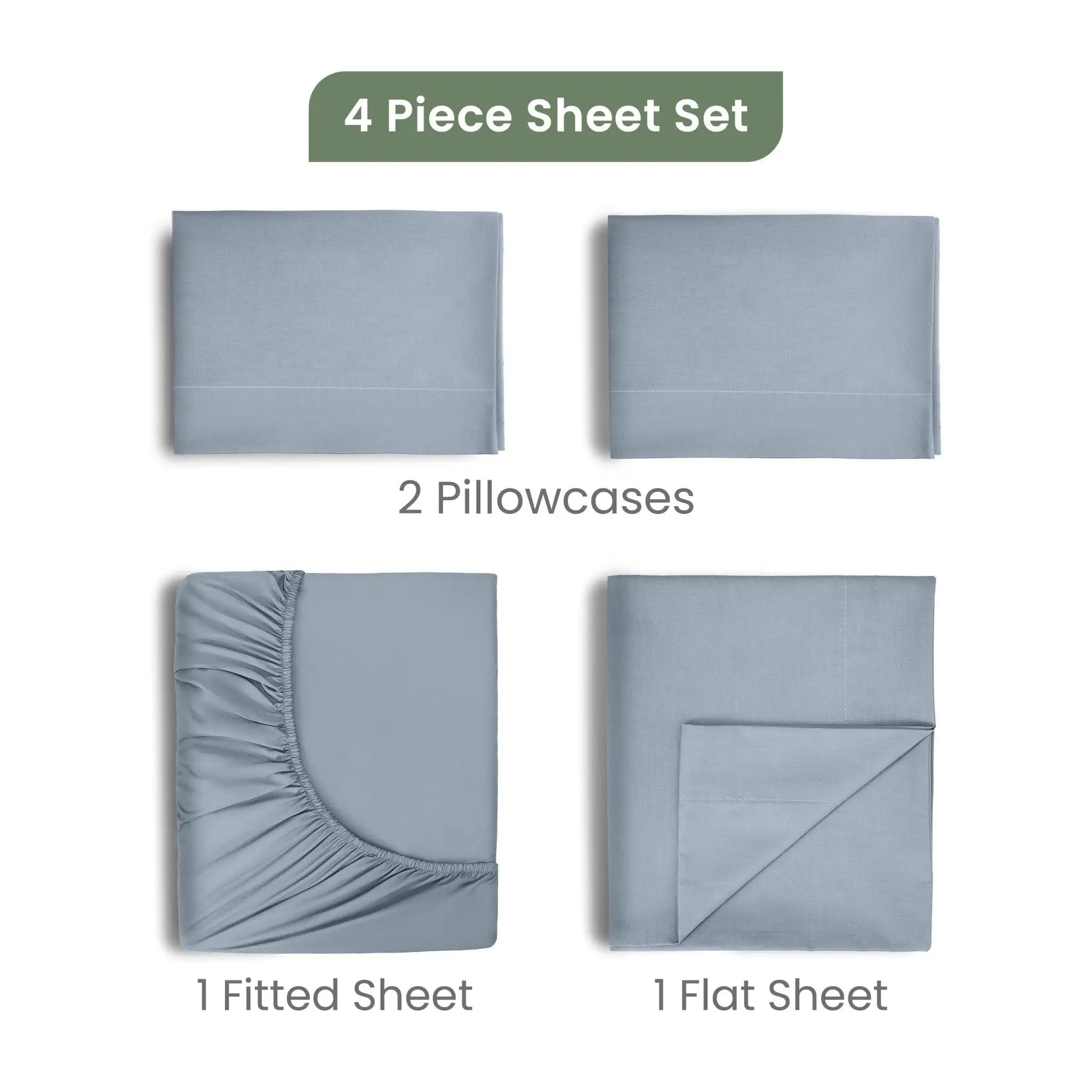4-piece sheet set with two pillowcases, a fitted sheet, and a flat sheet on a white background.