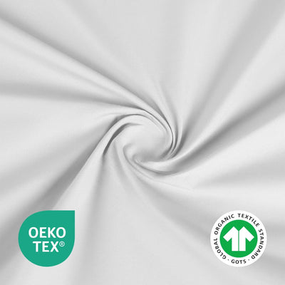 White fabric with OEKO-TEX and Global Organic Textile Standards logos on a white background.