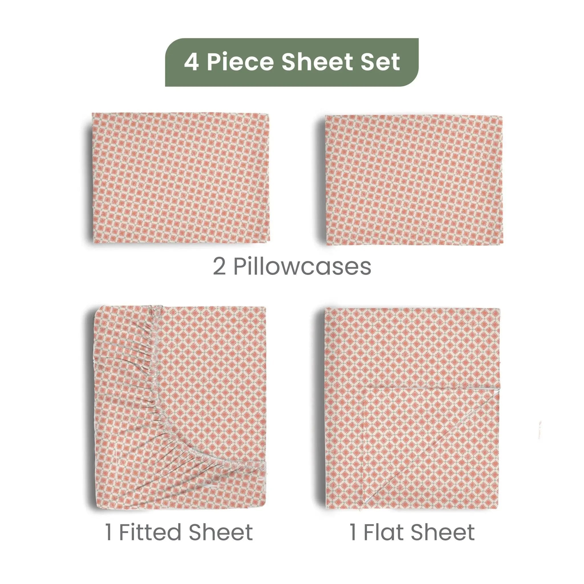A 4-piece bedding set shown on a white background with labels: two pillowcases, one fitted sheet, and one flat sheet. The sheets are light pink with a repeating small floral or dot pattern in a slightly darker pink tone.