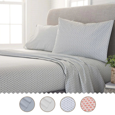 Bed with gray sheets bedding and pillows, featuring color swatches at the bottom.