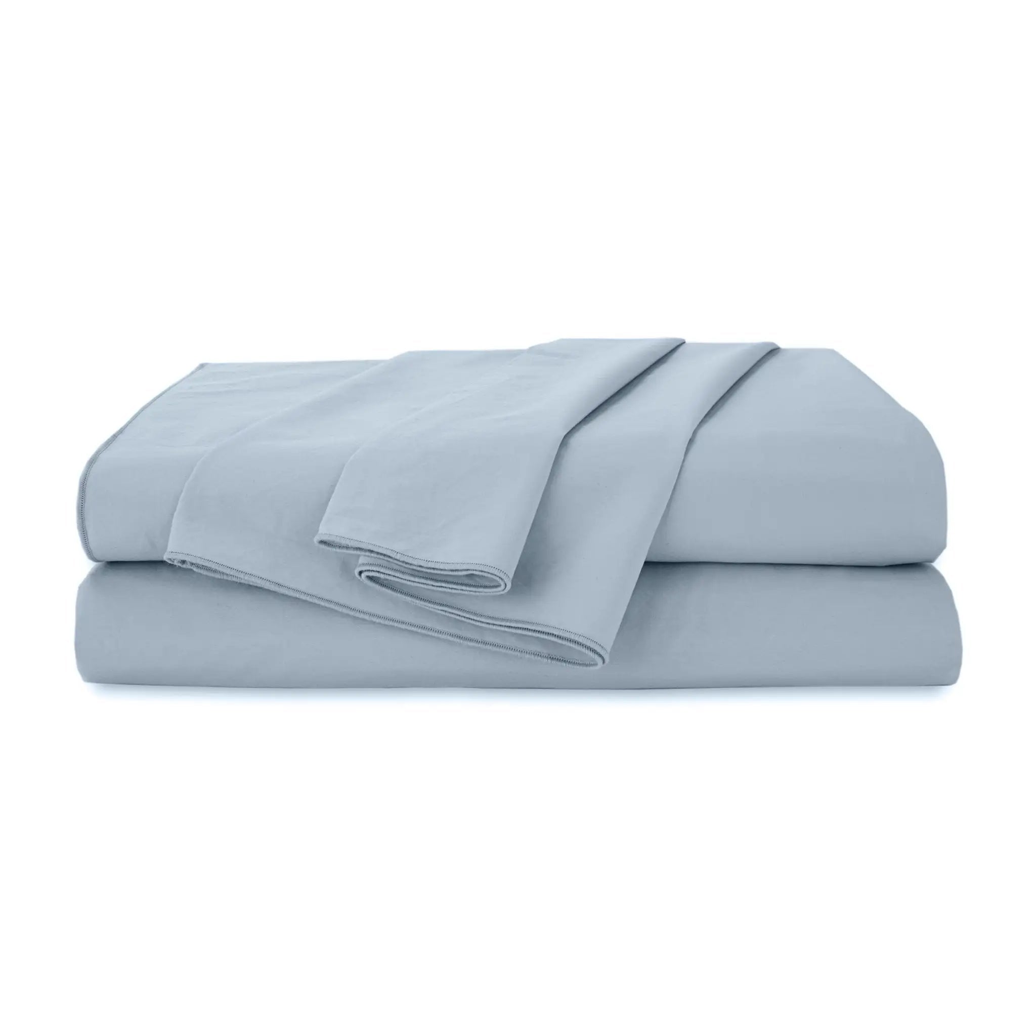 Set of light blue bed sheets on a white background