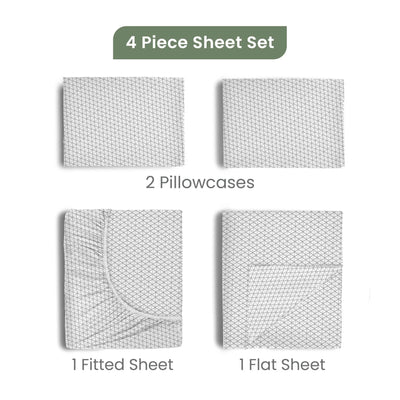 4-piece sheet set with two pillowcases, a fitted sheet, and a flat sheet on a white background.