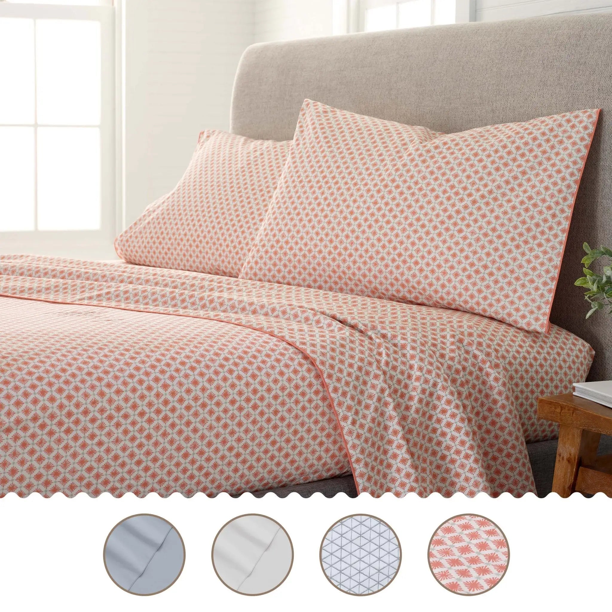 Patterned bedding set on a bed with color swatches below