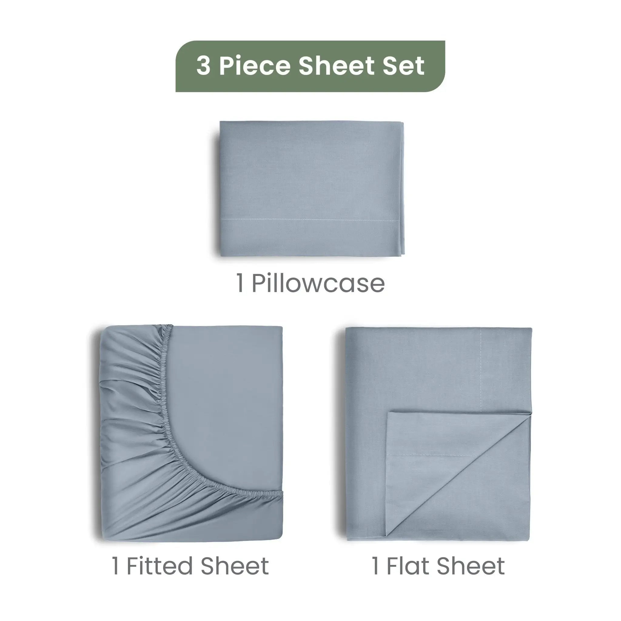 3-piece sheet set with pillowcase, fitted sheet, and flat sheet on a white background
