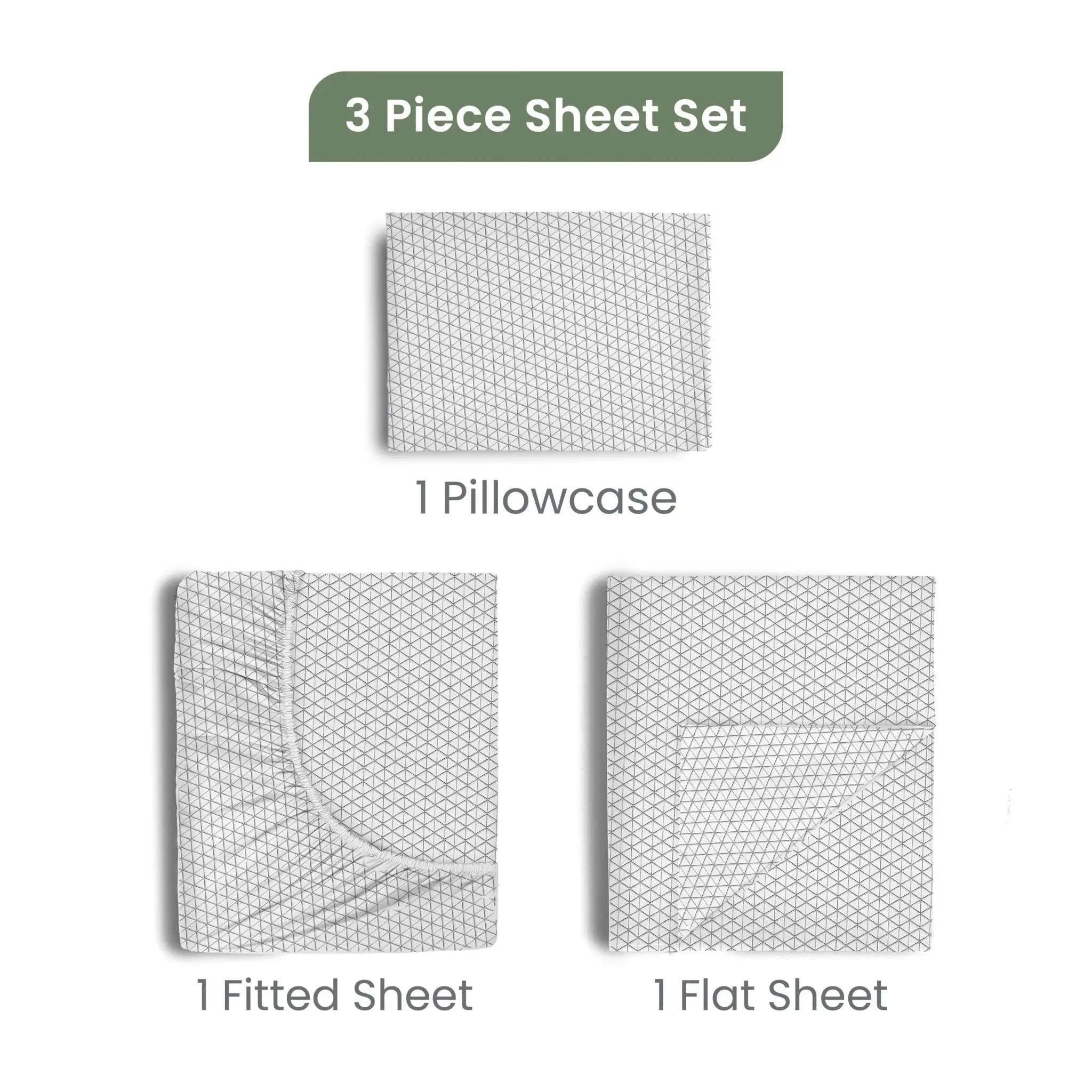 A 3-piece sheet set shown on a white background with labels: 1 pillowcase, 1 fitted sheet, and 1 flat sheet. The sheets are light gray with a darker gray geometric pattern.