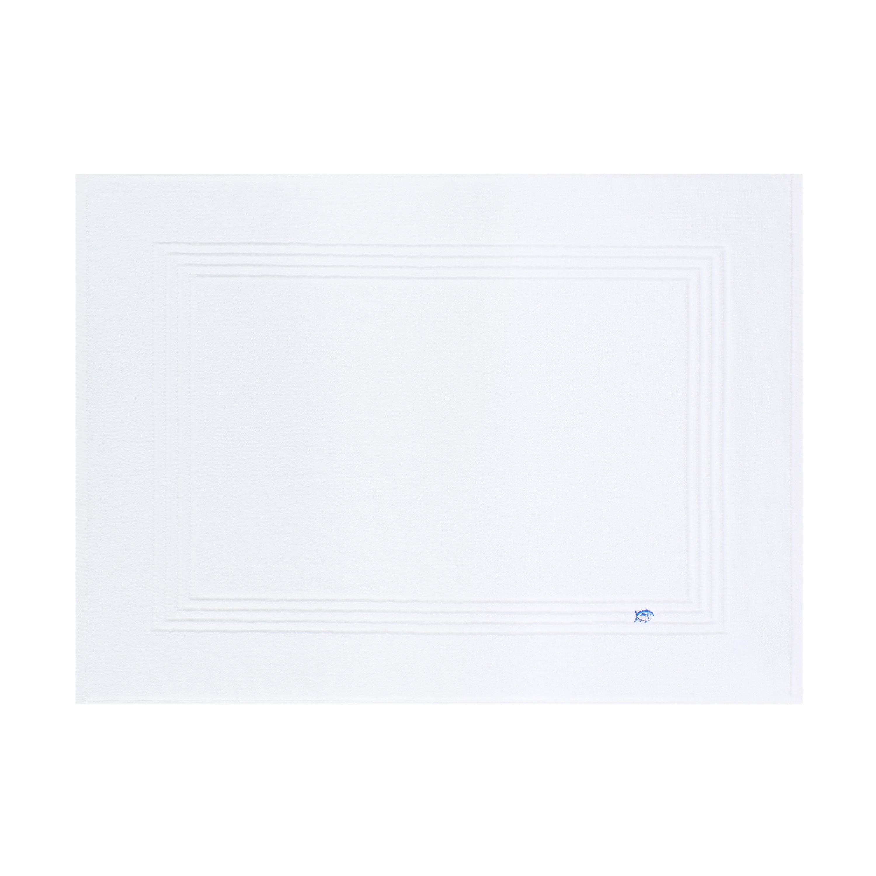 White bath mat featuring a textured border and a small blue fish logo in the corner.