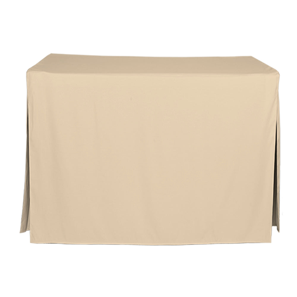 Beige table cover draped over a four-foot table, with side panels hanging down.