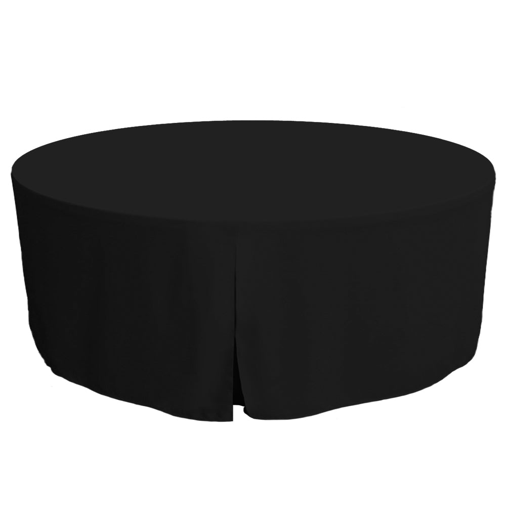 Round table cover in black, designed for a 72-inch diameter table, with a draped edge.