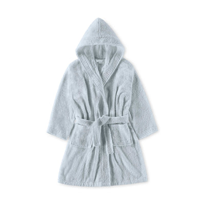Hooded bath robe in light blue with a tie belt and two front pockets.
