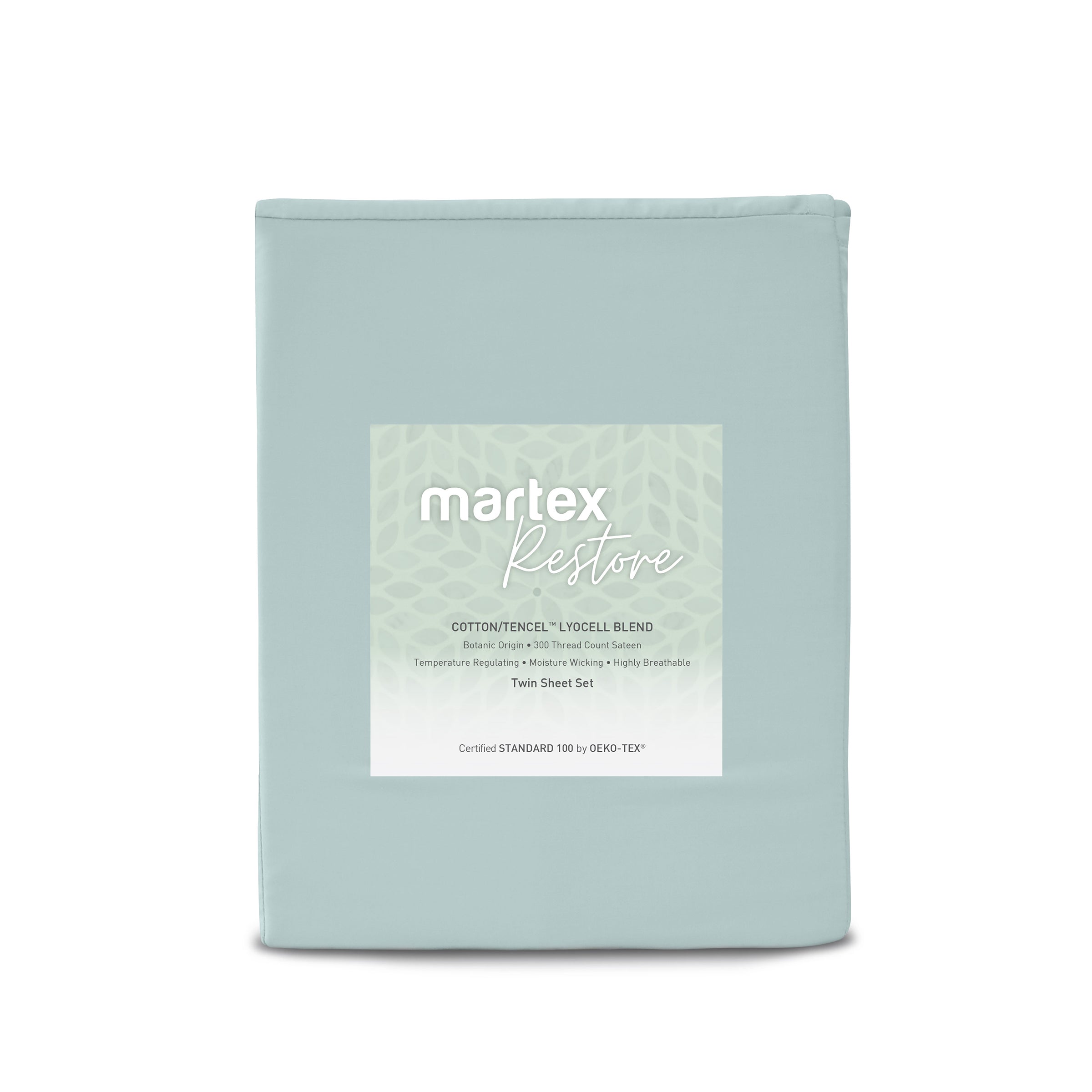 Solid light blue sheet set with a label detailing fabric blend and features.