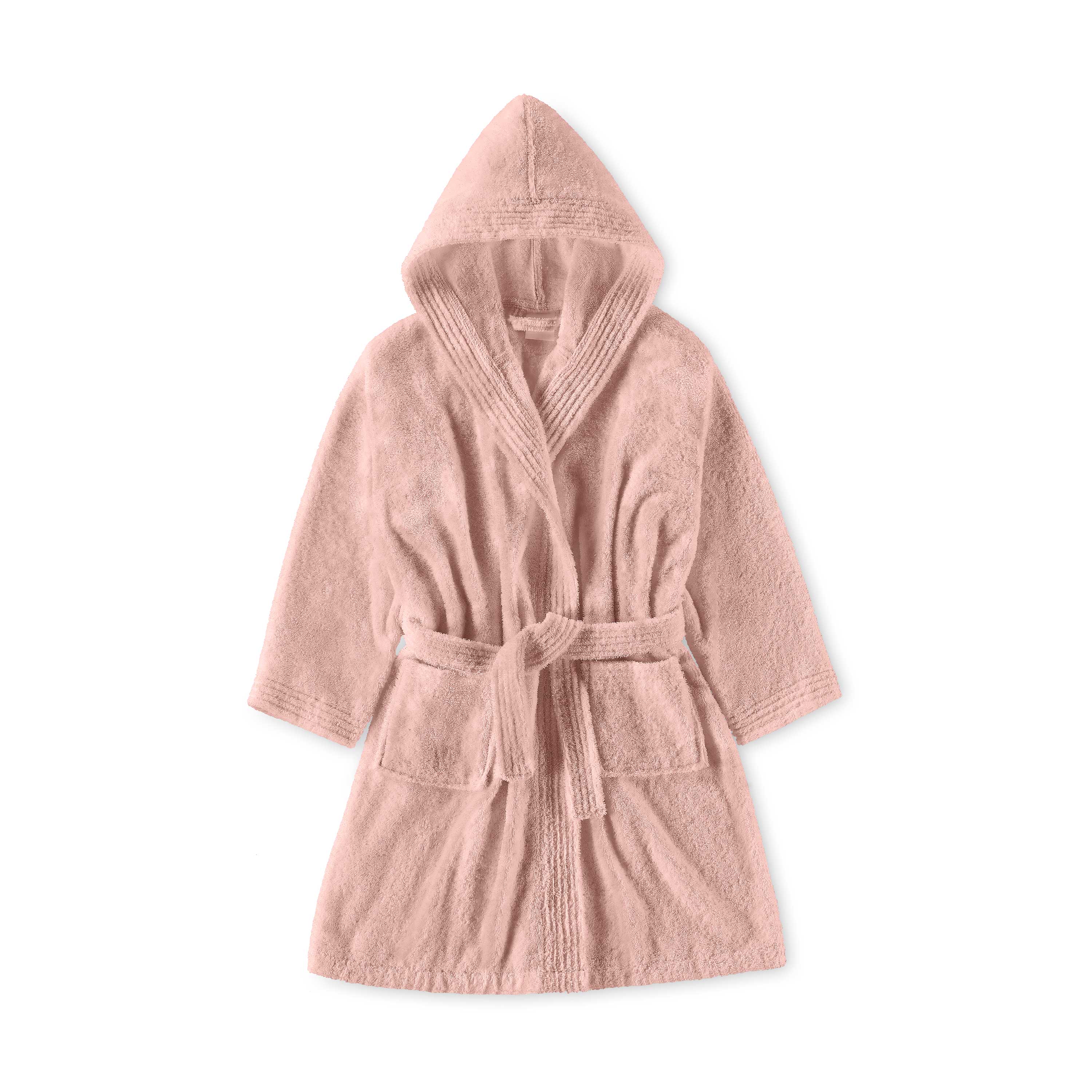 Hooded bath robe in soft pink with a tie belt and two front pockets.