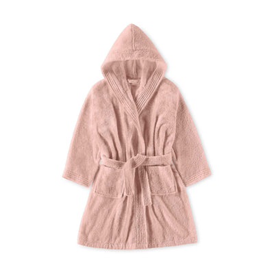 Hooded bath robe in soft pink with a tie belt and two front pockets.