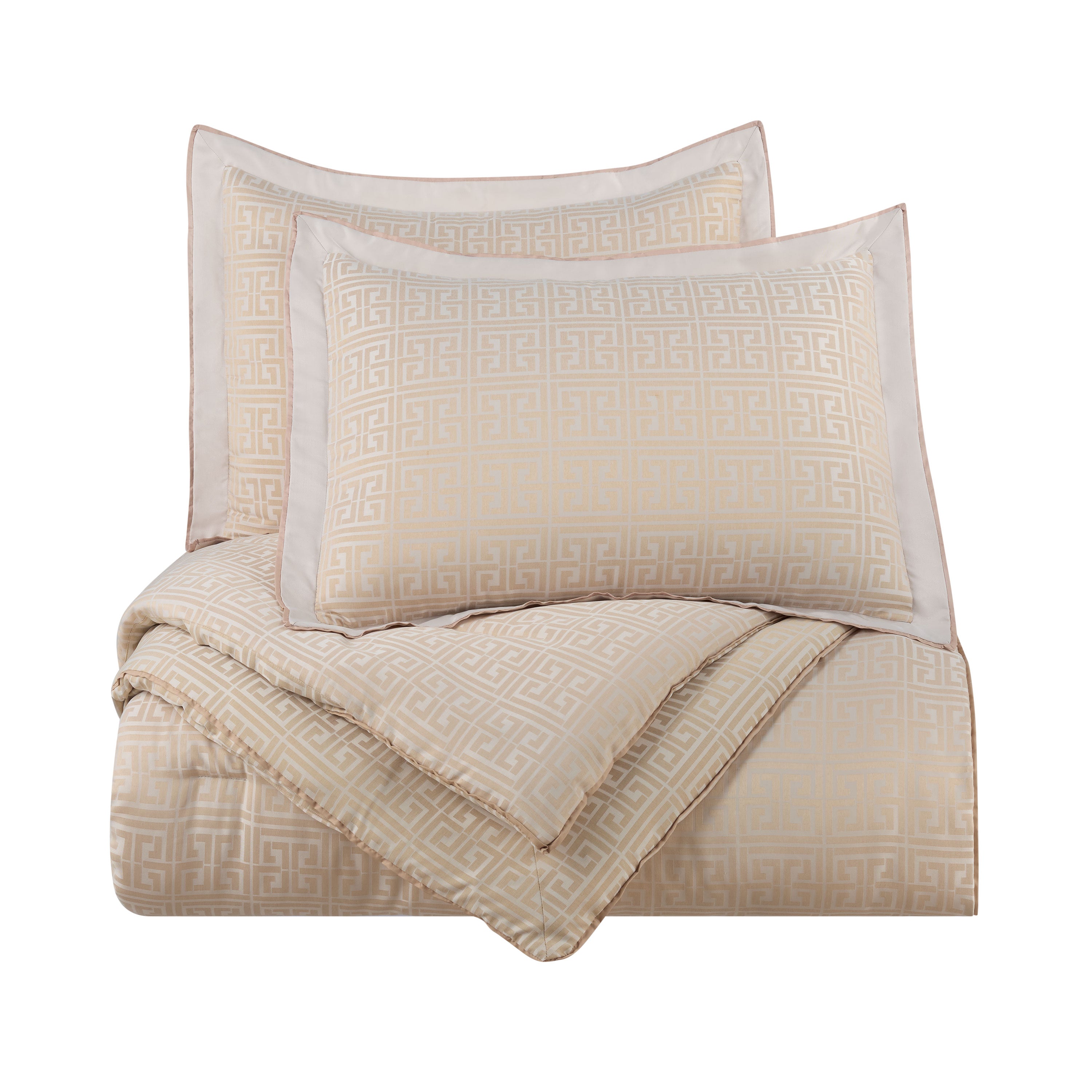Comforter set featuring a geometric pattern in beige tones, includes one comforter and two matching pillow shams.
