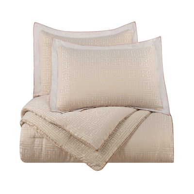 Comforter set featuring a geometric pattern in beige tones, includes one comforter and two matching pillow shams.