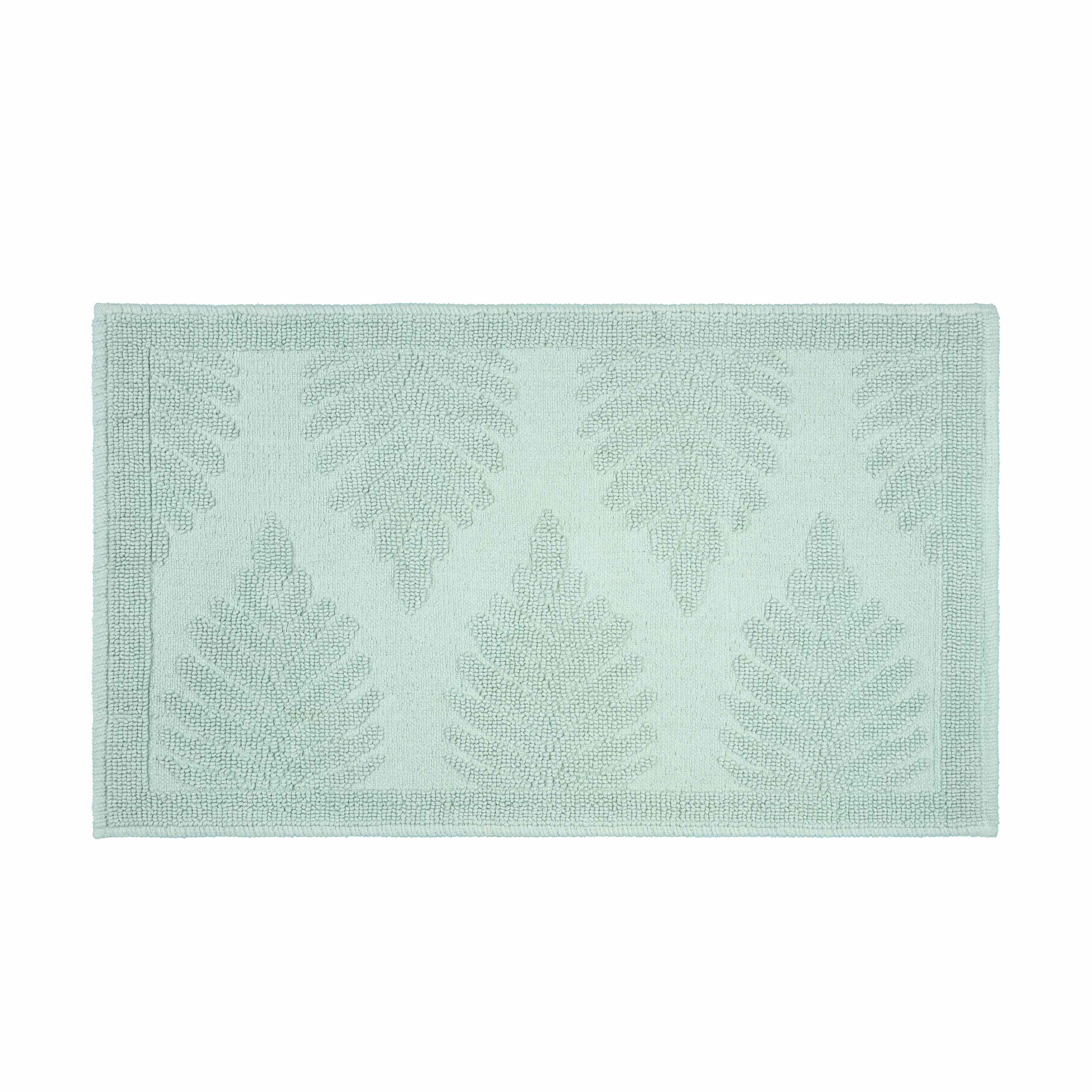 Light green bath rug featuring a textured fern pattern and a bordered edge.