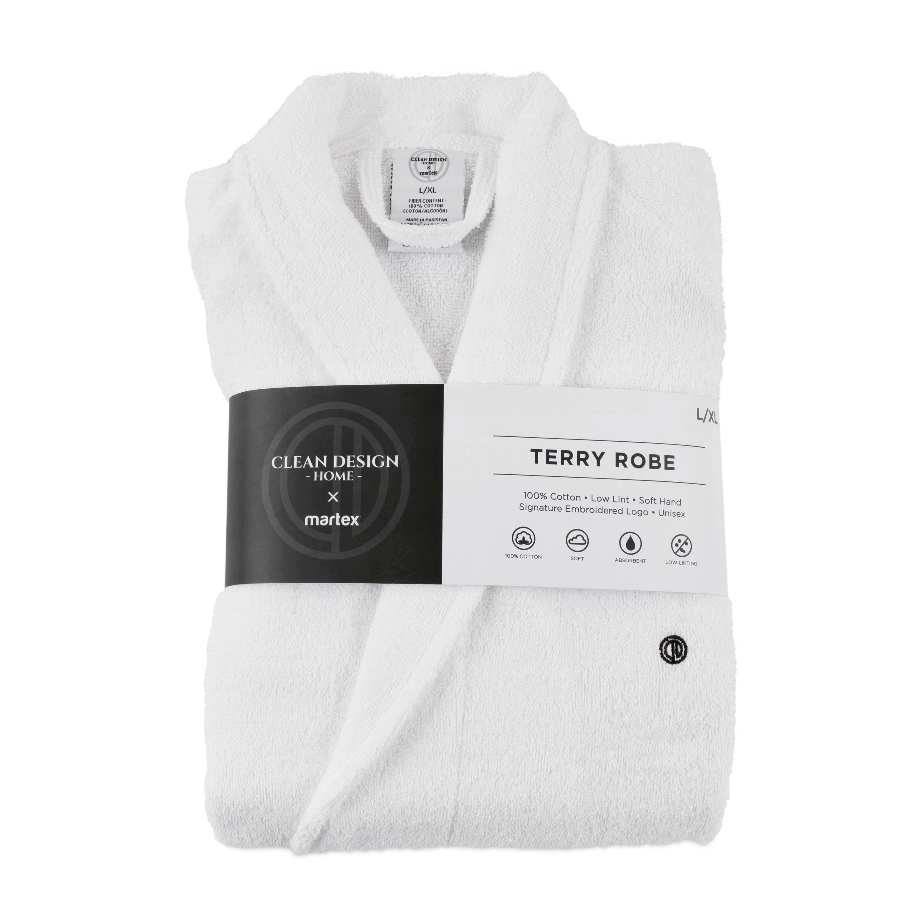 White terry bath robe folded with a black label displaying brand and product details.