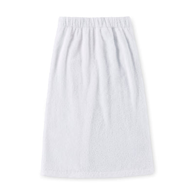 White youth shower wrap with an elastic waistband and a soft, textured fabric.