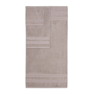 Solid beige towel set featuring a bath towel and a hand towel with decorative stripes.