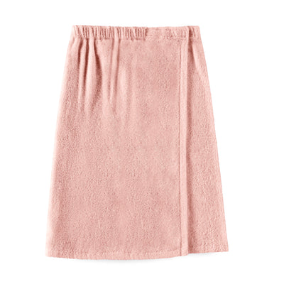 Pink shower wrap with an elastic waistband and textured fabric.