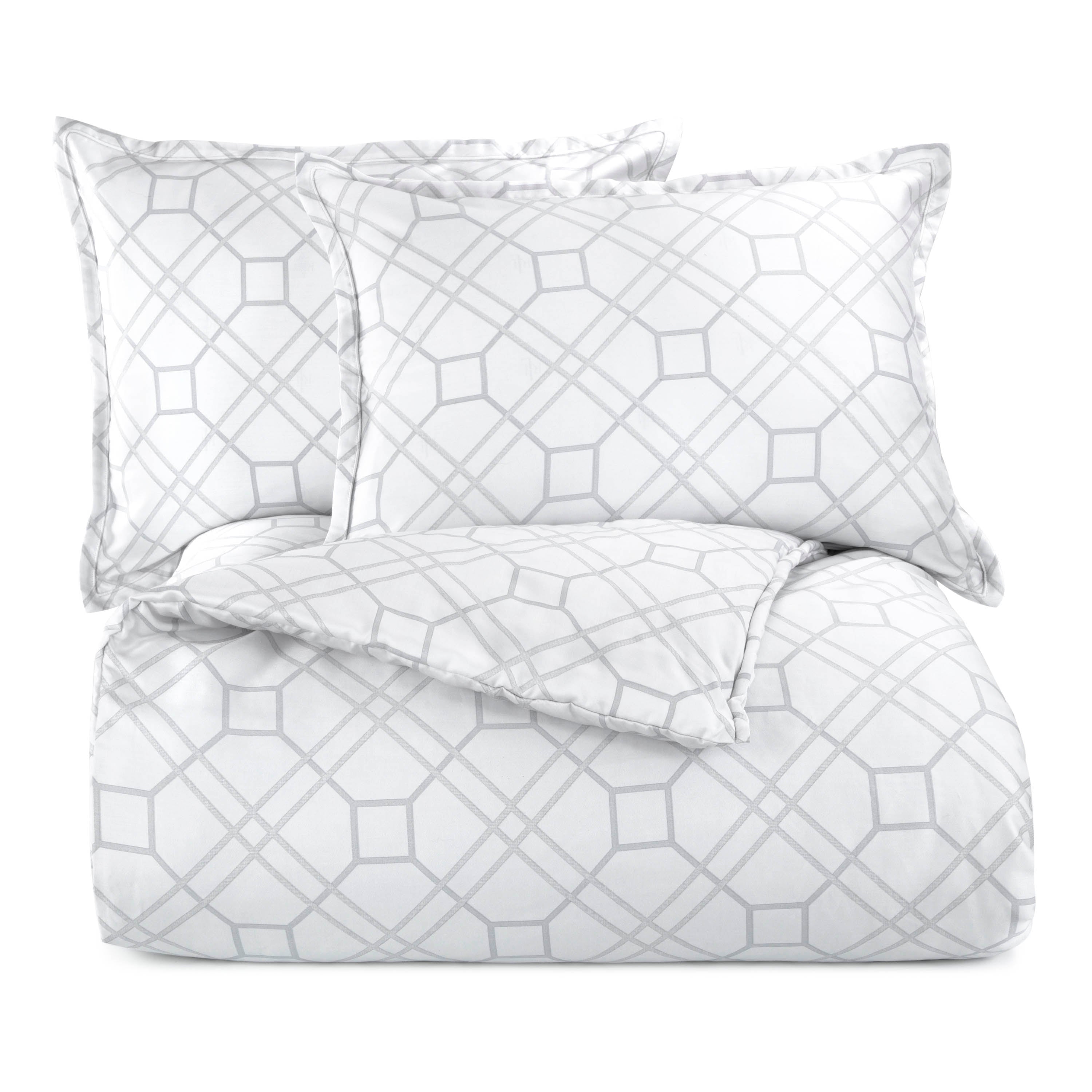 Light gray comforter set with a geometric trellis pattern, including two matching pillow shams.
