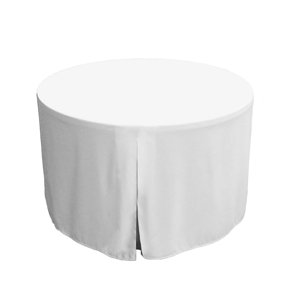 Round table cover in white, designed to fit a 48-inch diameter table with a draped edge.
