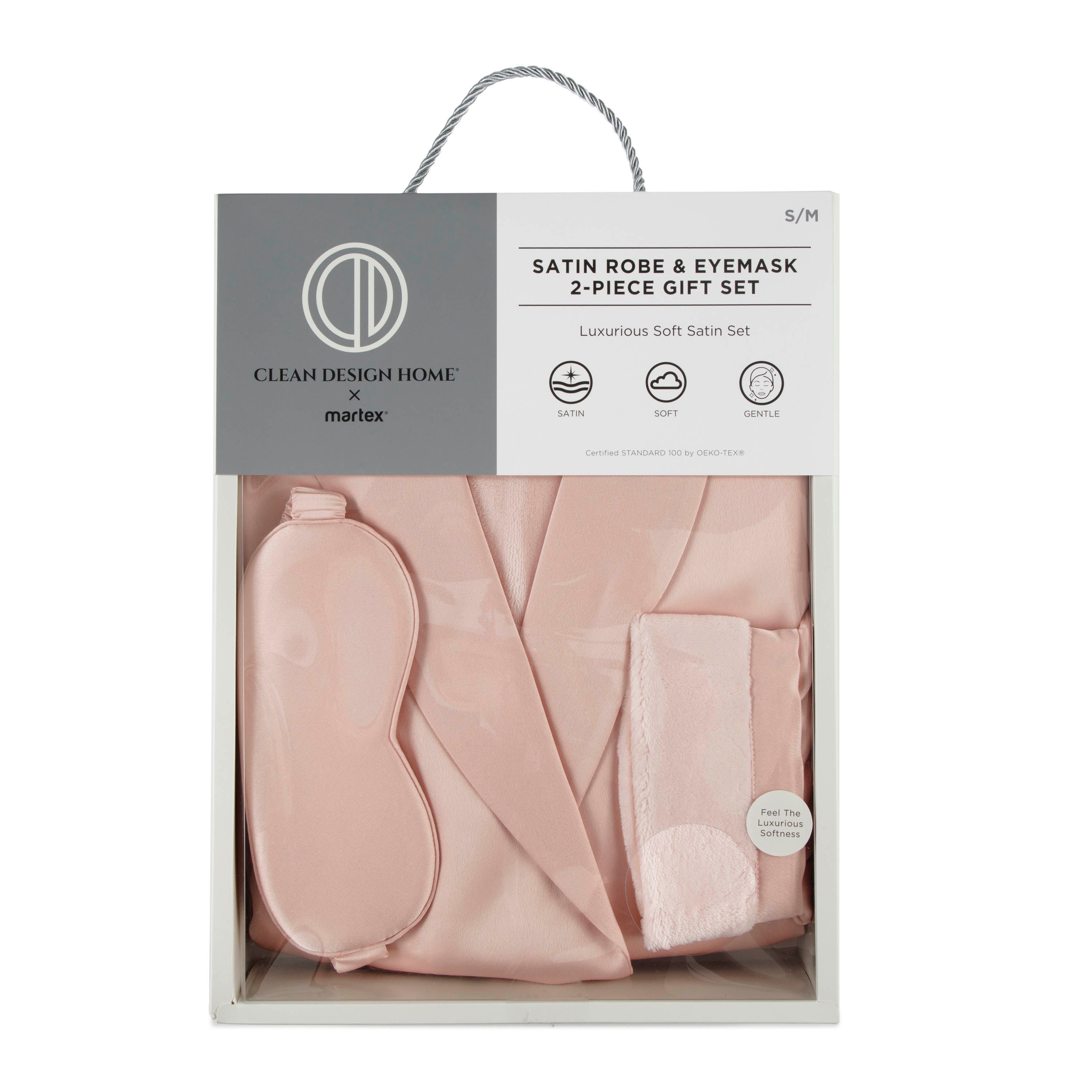 Satin robe and eyemask gift set in a pink color, packaged in a box with a handle.