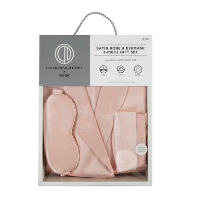 Satin robe and eyemask gift set in a pink color, packaged in a box with a handle.
