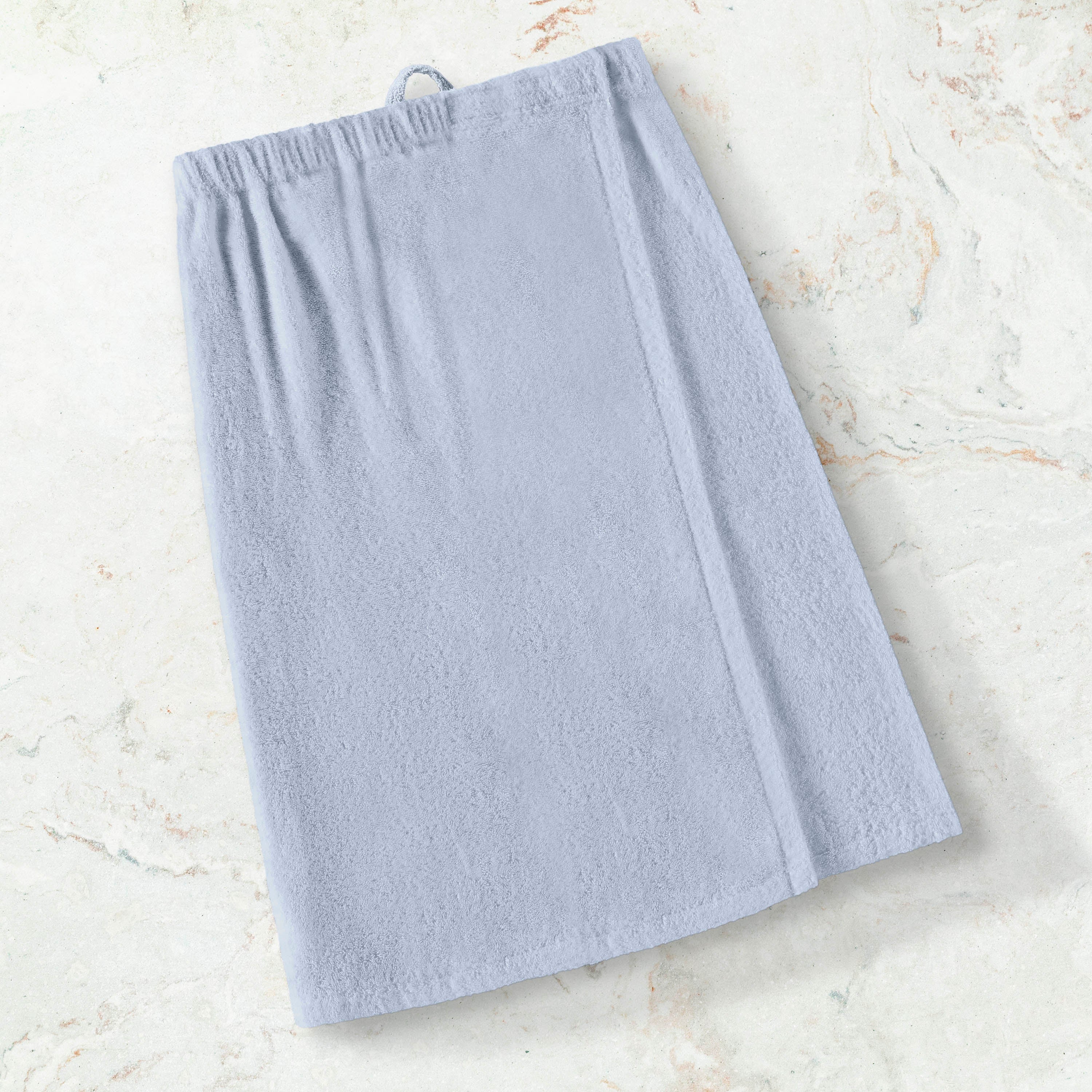 Light blue adult shower wrap with an elastic waistband and a hanging loop.