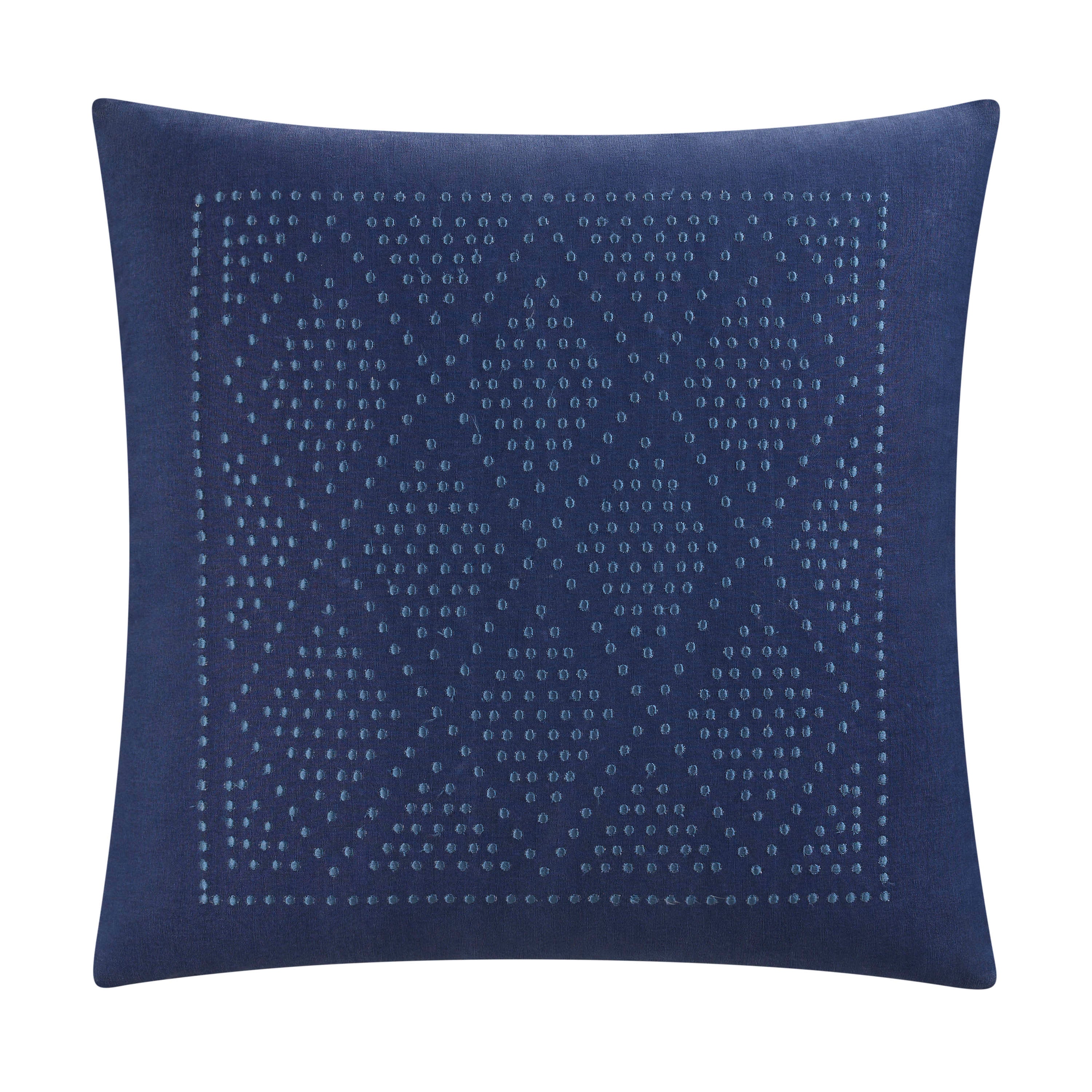 Navy square decorative pillow featuring a diamond geometric pattern with textured detailing.