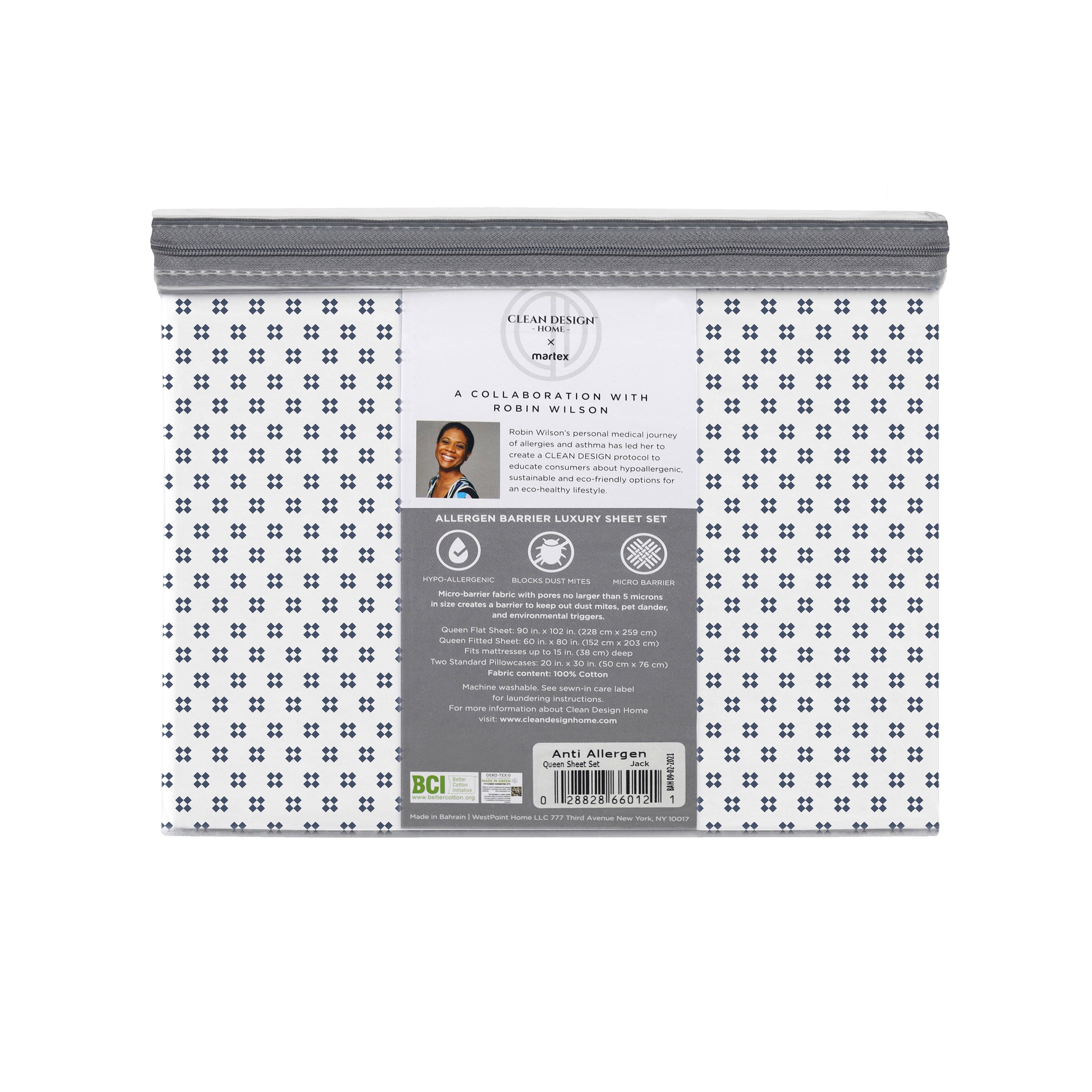 Sheet set packaging featuring a floral pattern, product details, and care instructions on the back.