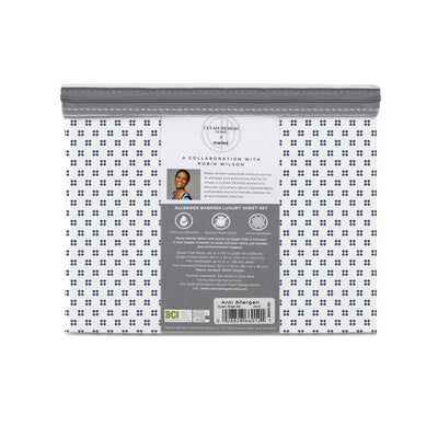 Sheet set packaging featuring a floral pattern, product details, and care instructions on the back.