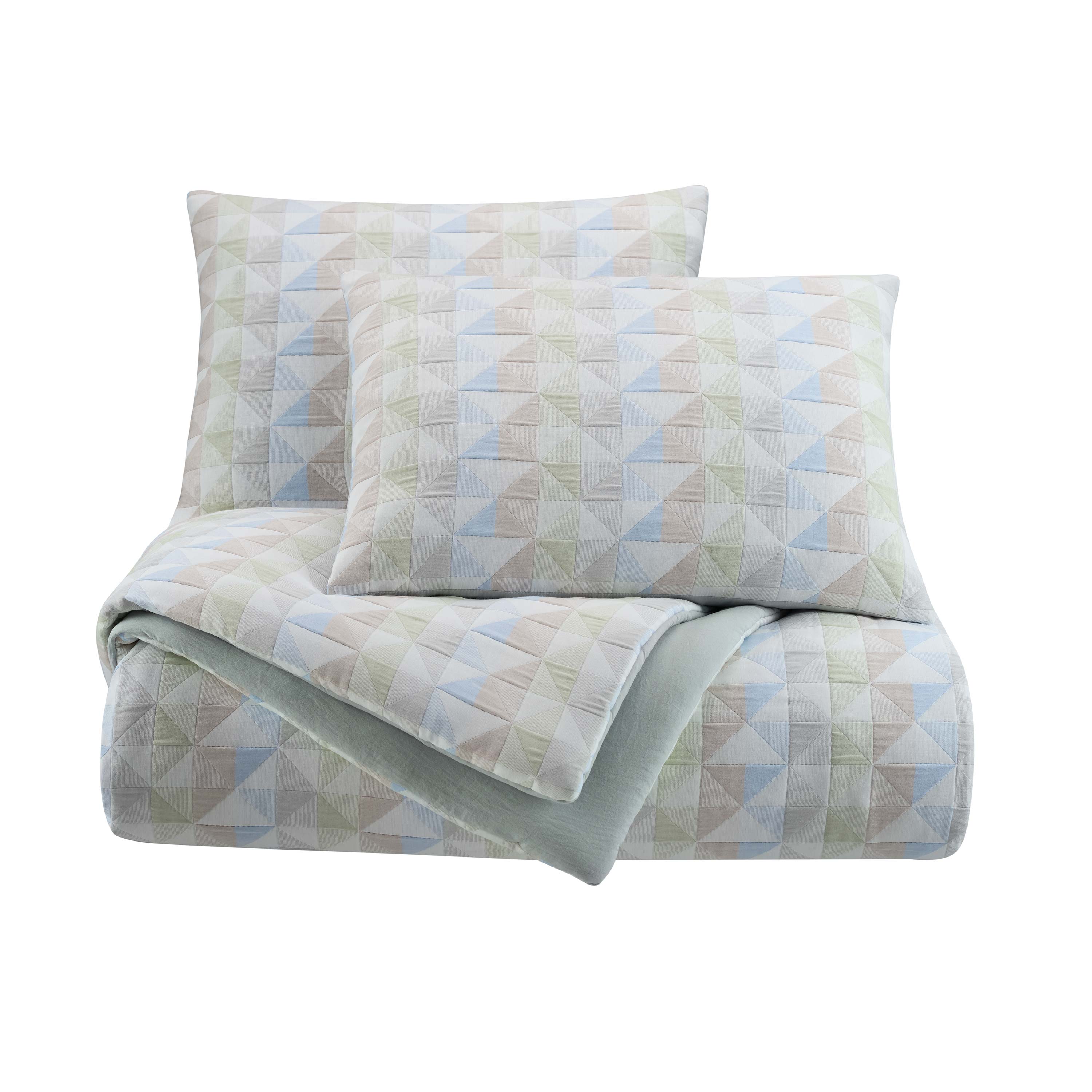 Multi-colored comforter set featuring a geometric triangle pattern with matching pillow shams.