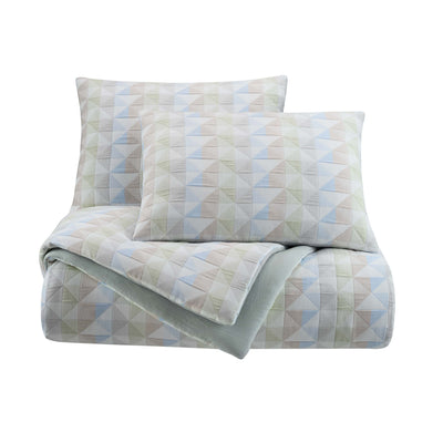Multi-colored comforter set featuring a geometric triangle pattern with matching pillow shams.