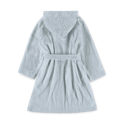Light blue hooded bathrobe with long sleeves and a tied waist, featuring a textured fabric.