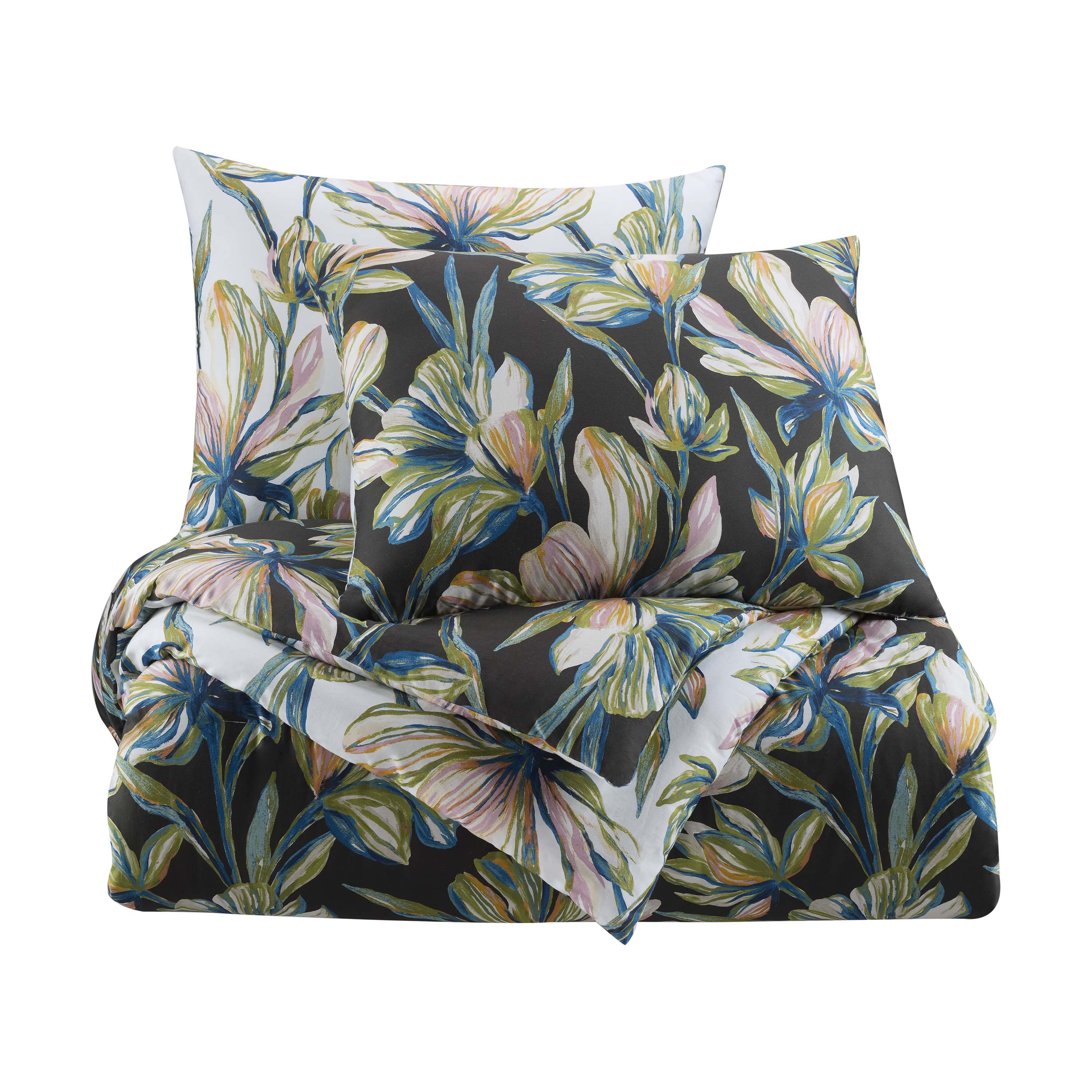 Multi-colored floral comforter set featuring a dark background with matching pillowcases.