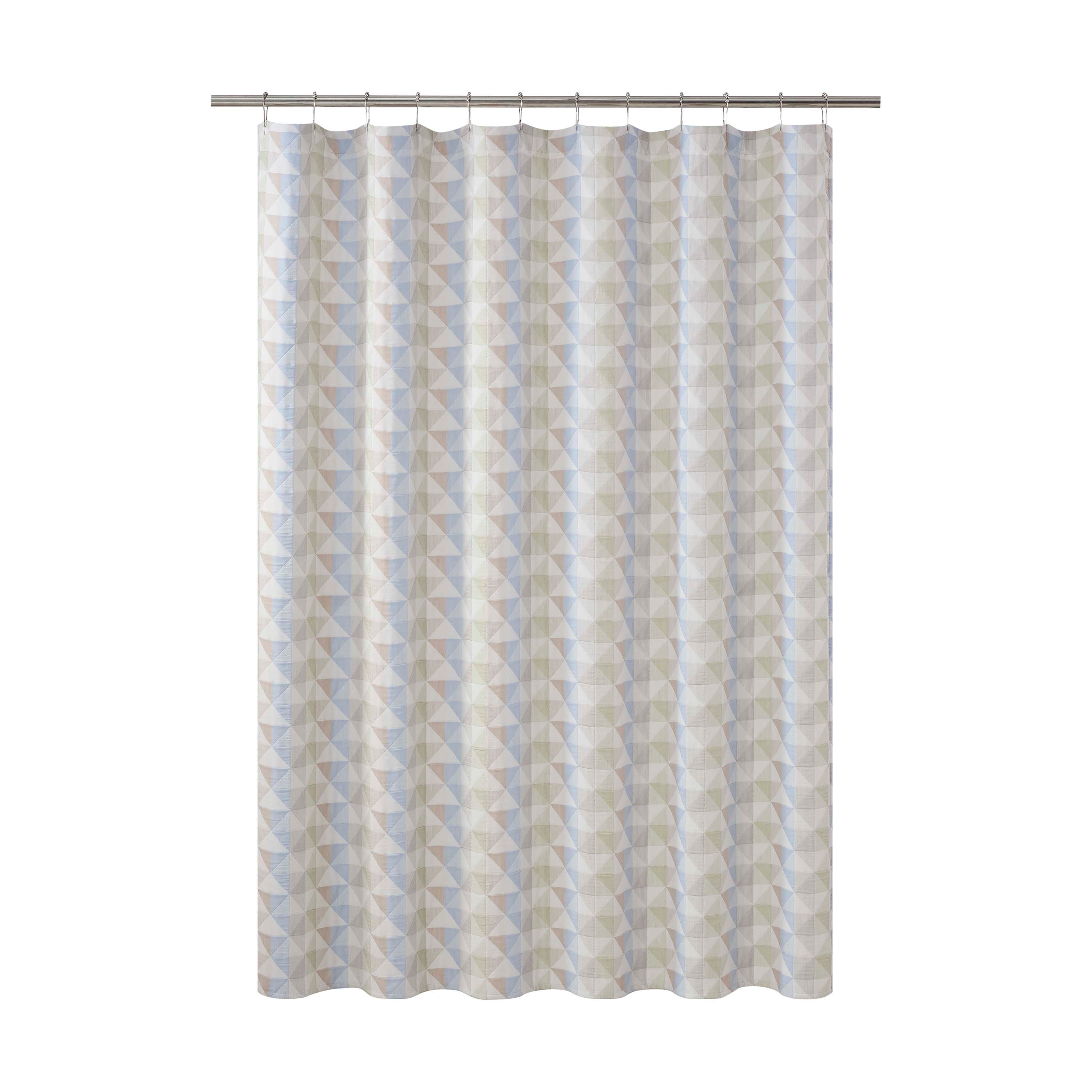 Multi-colored shower curtain with a geometric pattern, measuring 72x72 inches.
