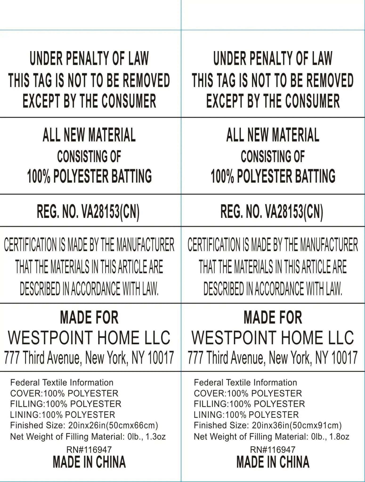 A square product information label with four quadrants of black text on a white background, detailing material composition, certification, manufacturer information for Westpoint Home LLC, and a Made in China statement.